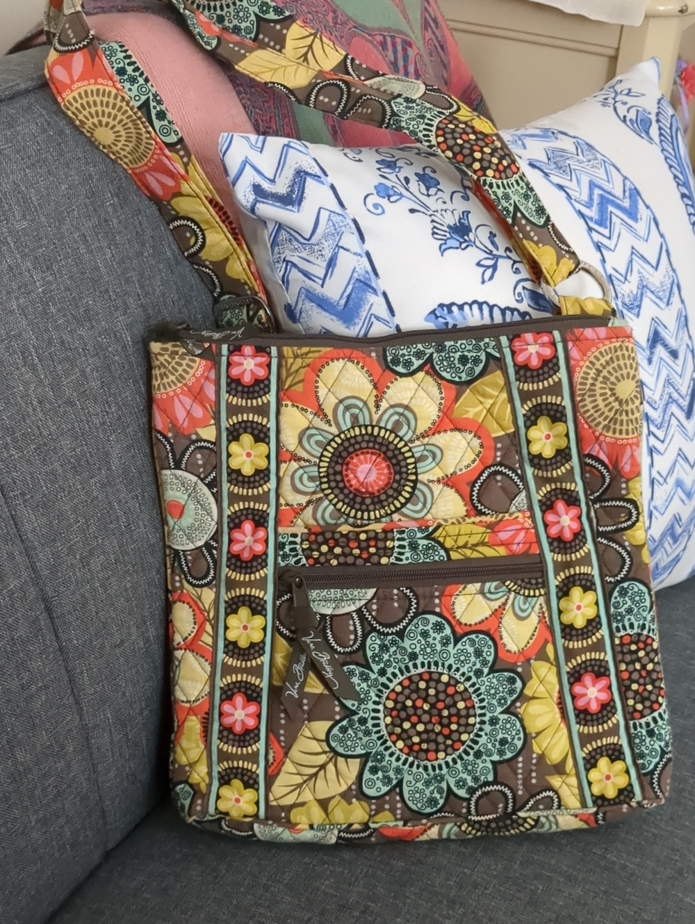 Vera Bradley Floral Quilted Crossbody in Brown, Yellow, Orange, Pink & Teal